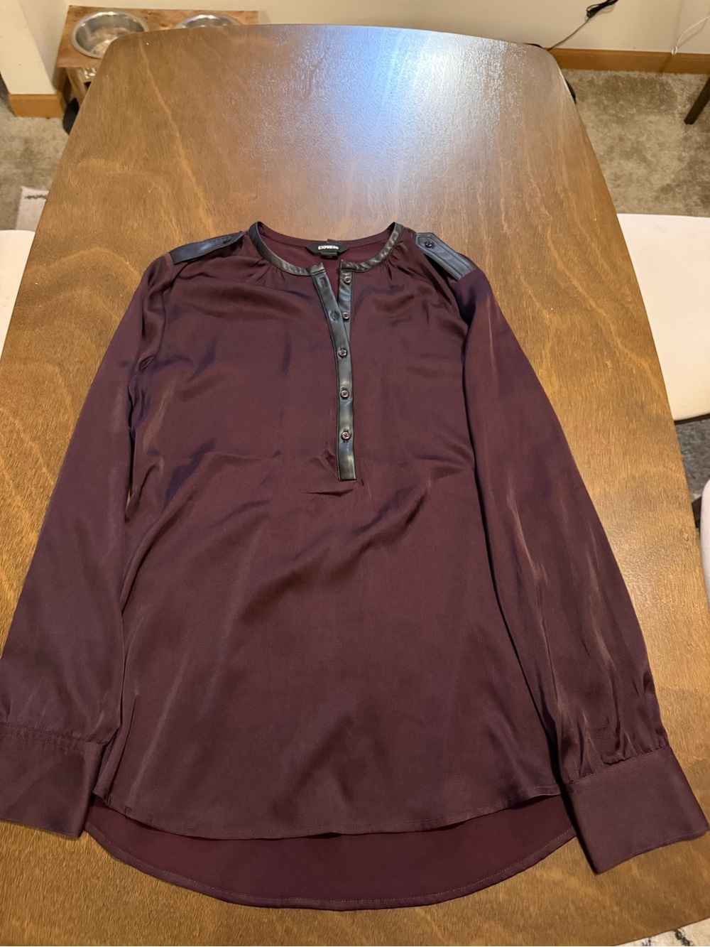 Express Women's Deep Plum Long-Sleeve Henley Blouse with Faux-Leather Trim